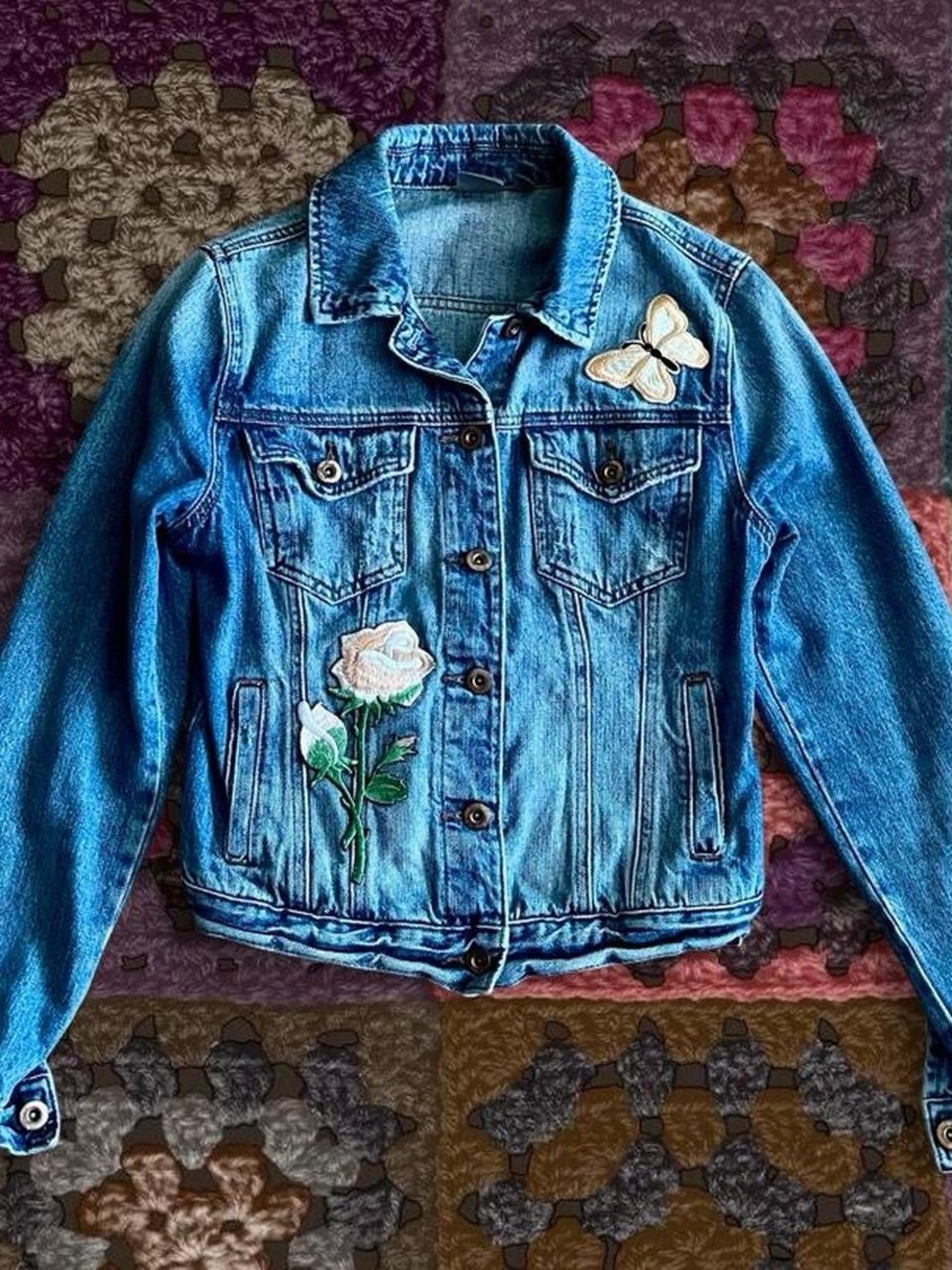 Blue Denim Jacket with Rose & Butterfly Embroidery